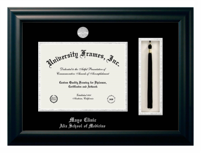Mayo Clinic Alix School of Medicine Diploma with Tassel Box Frame in Satin Black with Black & Silver Mats for document: 8 1/2"h x 11"w  