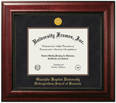 Ouachita Baptist University Hickingbotham School of Business Diploma Frame in Executive with Mahogany Fillet with Black Suede Mat for document: 8 1/2"h x 11"w  
