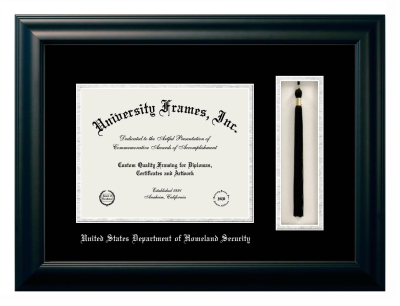 United States Department of Homeland Security Diploma with Tassel Box Frame in Satin Black with Black & Silver Mats for document: 8 1/2"h x 11"w  