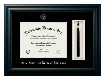 2017 Great 100 Nurse of Louisiana Diploma with Tassel Box Frame in Satin Black with Black & Silver Mats for DOCUMENT: 8 1/2"H X 11"W  