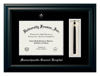 Massachusetts General Hospital Diploma with Tassel Box Frame in Satin Black with Black & Silver Mats for document: 8 1/2"h x 11"w  