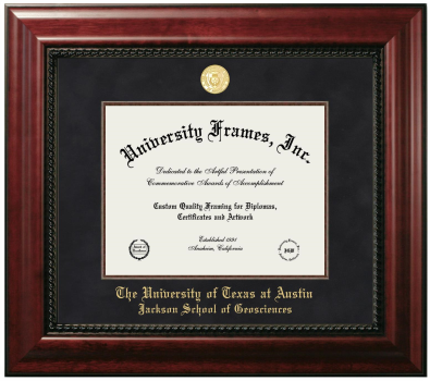 University of Texas at Austin Jackson School of Geosciences Diploma Frame in Executive with Mahogany Fillet with Black Suede Mat for document: 8 1/2"h x 11"w  