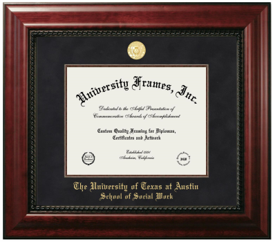 University of Texas at Austin School of Social Work Diploma Frame in Executive with Mahogany Fillet with Black Suede Mat for document: 8 1/2"h x 11"w  