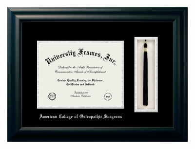 American College of Osteopathic Surgeons Diploma with Tassel Box Frame in Satin Black with Black & Silver Mats for DOCUMENT: 8 1/2"H X 11"W  