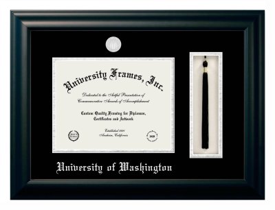 University of Washington Diploma with Tassel Box Frame in Satin Black with Black & Silver Mats for DOCUMENT: 8 1/2"H X 11"W  