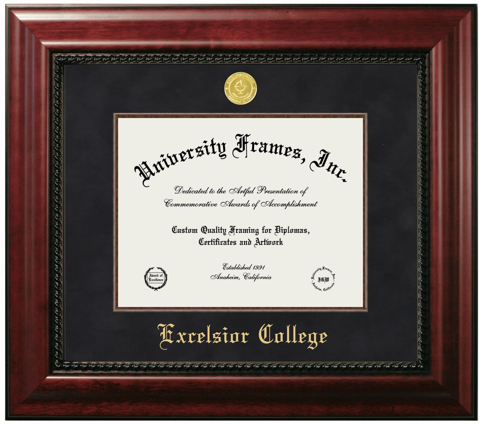 Excelsior College Diploma Frame In Legacy Black Cherry With Black Gold Mats