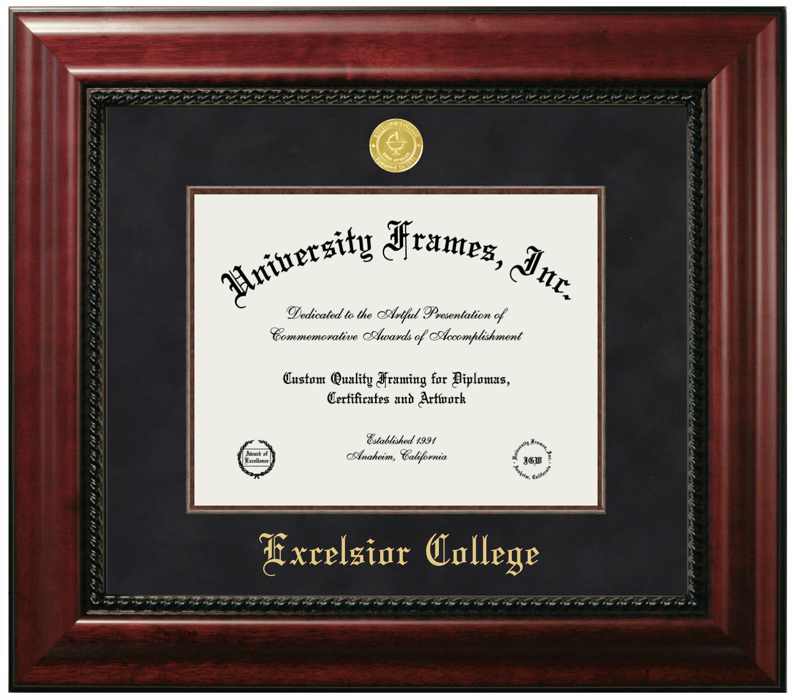 Excelsior College Diploma Frame In Classic Mahogany With Gold Trim With Black Gold Mats