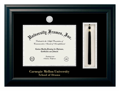 Carnegie Mellon University School of Drama Diploma with Tassel Box Frame in Satin Black with Black & Silver Mats for document: 8 1/2"h x 11"w  