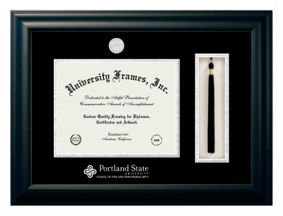 Portland State University School of Fine and Performing Arts Diploma with Tassel Box Frame in Satin Black with Black & Silver Mats for document: 8 1/2"h x 11"w  