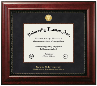 Carnegie Mellon University Dietrich College of Humanities and Social Sciences Diploma Frame in Executive with Mahogany Fillet with Black Suede Mat for document: 8 1/2"h x 11"w  