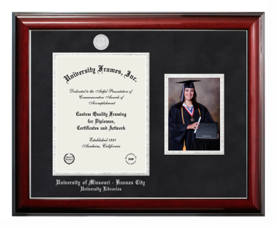 Diploma with 5 x 7 Portrait Frame in Classic Mahogany with Silver Trim with Black Suede & Silver Mats for DOCUMENT: 11"H X 8 1/2"W  