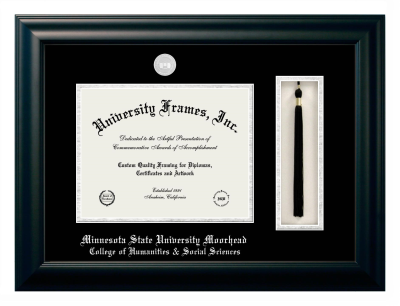 Minnesota State University Moorhead College of Humanities & Social Sciences Diploma with Tassel Box Frame in Satin Black with Black & Silver Mats for document: 8 1/2"h x 11"w  