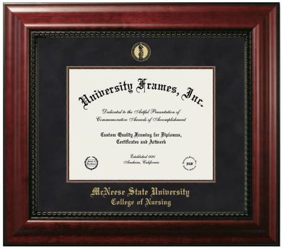 McNeese State University College of Nursing Diploma Frame in Executive with Mahogany Fillet with Black Suede Mat for DOCUMENT: 8 1/2"H X 11"W  
