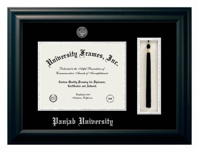 Panjab University Diploma with Tassel Box Frame in Satin Black with Black & Silver Mats for document: 8 1/2"h x 11"w  