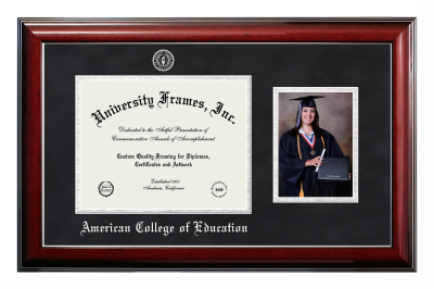 American College of Education Diploma with 5 x 7 Portrait Frame in Classic Mahogany with Silver Trim with Black Suede & Silver Mats for DOCUMENT: 8 1/2"H X 11"W  