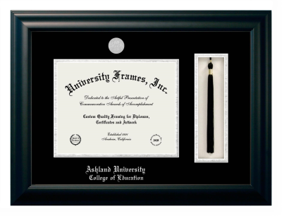 Ashland University College of Education Diploma with Tassel Box Frame in Satin Black with Black & Silver Mats for DOCUMENT: 8 1/2"H X 11"W  