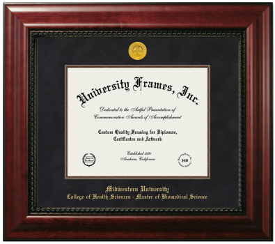 Midwestern University College of Health Sciences - Master of Biomedical Science (Glendale, AZ) Diploma Frame in Executive with Mahogany Fillet with Black Suede Mat for DOCUMENT: 8 1/2"H X 11"W  