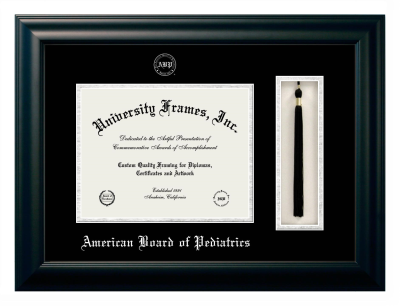 American Board of Pediatrics Diploma with Tassel Box Frame in Satin Black with Black & Silver Mats for DOCUMENT: 8 1/2"H X 11"W  