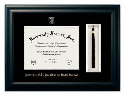 University of St. Augustine for Health Sciences Diploma with Tassel Box Frame in Satin Black with Black & Silver Mats for DOCUMENT: 8 1/2"H X 11"W  