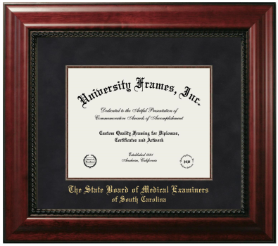 The State Board of Medical Examiners of South Carolina Diploma Frame in Executive with Mahogany Fillet with Black Suede Mat for DOCUMENT: 8 1/2"H X 11"W  