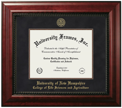 University of New Hampshire College of Life Sciences and Agriculture Diploma Frame in Executive with Mahogany Fillet with Black Suede Mat for DOCUMENT: 8 1/2"H X 11"W  