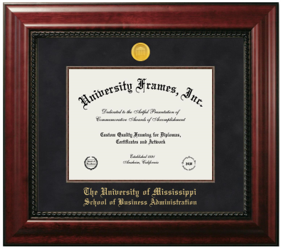 University of Mississippi School of Business Administration Diploma Frame in Executive with Mahogany Fillet with Black Suede Mat for document: 8 1/2"h x 11"w  