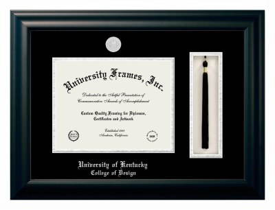 University of Kentucky College of Design Diploma with Tassel Box Frame in Satin Black with Black & Silver Mats for document: 8 1/2"h x 11"w  