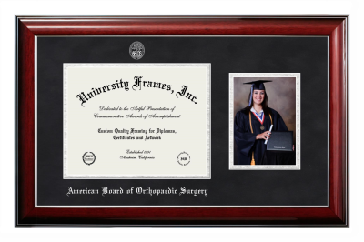 American Board of Orthopaedic Surgery Diploma with 5 x 7 Portrait Frame in Classic Mahogany with Silver Trim with Black Suede & Silver Mats for DOCUMENT: 8 1/2"H X 11"W  
