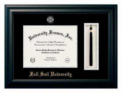 Full Sail University Diploma with Tassel Box Frame in Satin Black with Black & Silver Mats for DOCUMENT: 8 1/2"H X 11"W  