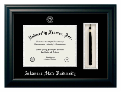 Arkansas State University Diploma with Tassel Box Frame in Satin Black with Black & Silver Mats for DOCUMENT: 8 1/2"H X 11"W  
