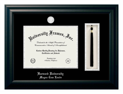 Harvard University Magna Cum Laude Diploma with Tassel Box Frame in Satin Black with Black & Silver Mats for document: 8 1/2"h x 11"w  