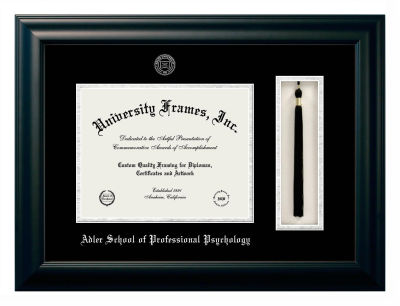 Adler School of Professional Psychology Diploma with Tassel Box Frame in Satin Black with Black & Silver Mats for DOCUMENT: 8 1/2"H X 11"W  