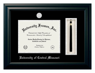 University of Central Missouri Diploma with Tassel Box Frame in Satin Black with Black & Silver Mats for document: 8 1/2"h x 11"w  