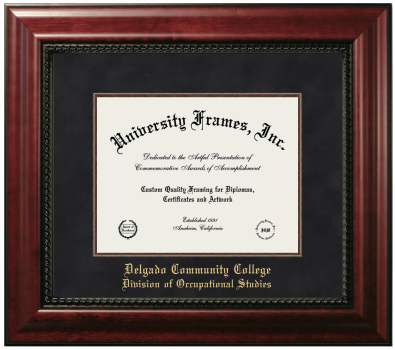Delgado Community College Division of Occupational Studies Diploma Frame in Executive with Mahogany Fillet with Black Suede Mat for document: 8 1/2"h x 11"w  