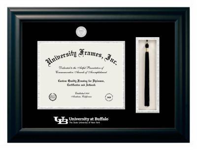 University at Buffalo The State University of New York Diploma with Tassel Box Frame in Satin Black with Black & Silver Mats for  9 3/4"h x 12 1/2"w  