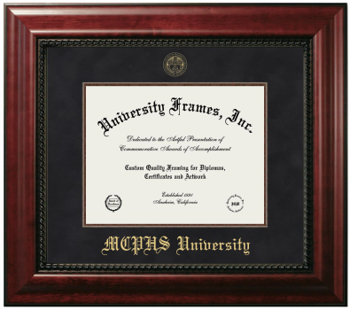 MCPHS (Massachusetts College of Pharmacy and Health Sciences) University Diploma Frame in Executive with Mahogany Fillet with Black Suede Mat for DOCUMENT: 8 1/2"H X 11"W  