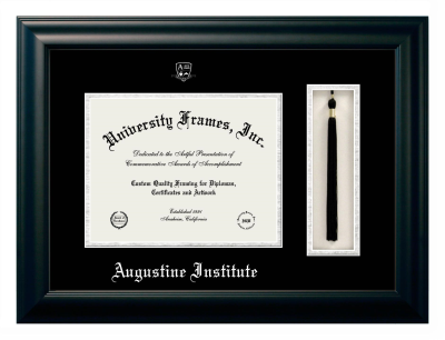 Augustine Institute Diploma with Tassel Box Frame in Satin Black with Black & Silver Mats for DOCUMENT: 8 1/2"H X 11"W  