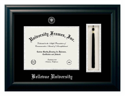 Bellevue University Diploma with Tassel Box Frame in Satin Black with Black & Silver Mats for DOCUMENT: 8 1/2"H X 11"W  