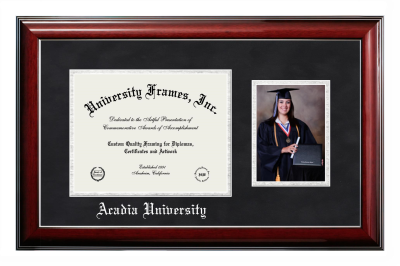 Acadia University Diploma with 5 x 7 Portrait Frame in Classic Mahogany with Silver Trim with Black Suede & Silver Mats for DOCUMENT: 8 1/2"H X 11"W  