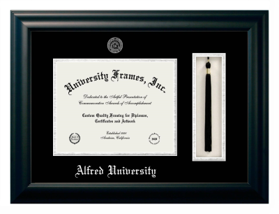 Alfred University Diploma with Tassel Box Frame in Satin Black with Black & Silver Mats for DOCUMENT: 8 1/2"H X 11"W  