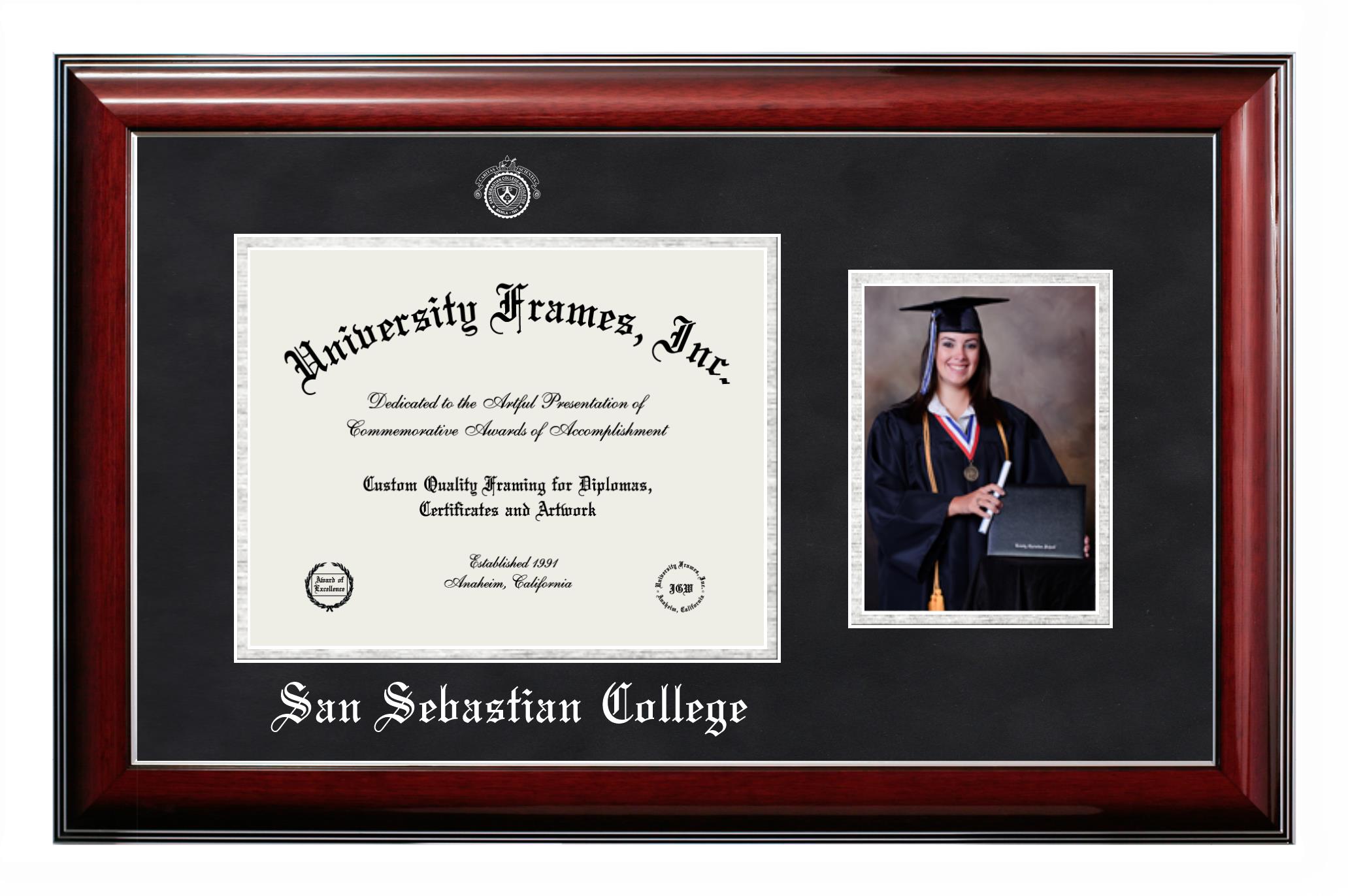San Sebastian College Diploma with 5 x 7 Portrait Frame in Classic Mahogany  with Silver Trim with Black Suede & Silver Mats