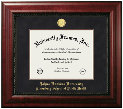 Johns Hopkins University Bloomberg School of Public Health Diploma Frame in Executive with Mahogany Fillet with Black Suede Mat for DOCUMENT: 8 1/2"H X 11"W  