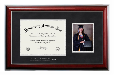 A.T. Still University Kirksville College of Osteopathic Medicine Diploma with 5 x 7 Portrait Frame in Classic Mahogany with Silver Trim with Black Suede & Silver Mats for DOCUMENT: 8 1/2"H X 11"W  