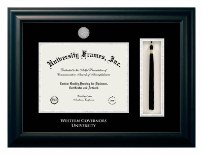 Western Governors University Diploma with Tassel Box Frame in Satin Black with Black & Silver Mats for DOCUMENT: 8 1/2"H X 11"W  