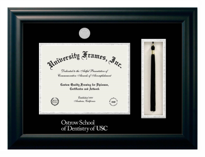 University of Southern California The Herman Ostrow School of Dentistry Diploma with Tassel Box Frame in Satin Black with Black & Silver Mats for document: 8 1/2"h x 11"w  