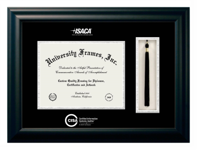 Certified Information Systems Auditor (ISACA) Diploma with Tassel Box Frame in Satin Black with Black & Silver Mats for document: 8 1/2"h x 11"w  