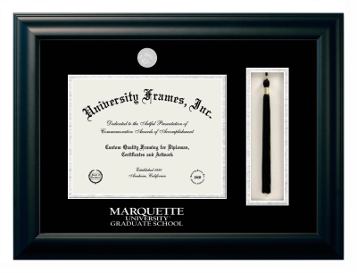 Marquette University Graduate School Diploma with Tassel Box Frame in Satin Black with Black & Silver Mats for document: 8 1/2"h x 11"w  