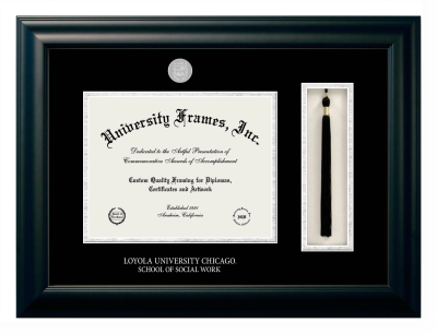 Loyola University Chicago School of Social Work Diploma with Tassel Box Frame in Satin Black with Black & Silver Mats for DOCUMENT: 8 1/2"H X 11"W  