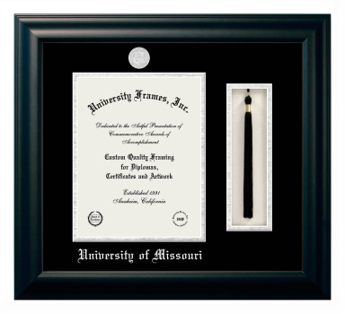 University of Missouri Diploma with Tassel Box Frame in Satin Black with Black & Silver Mats for  11"H X 8 1/2"W  