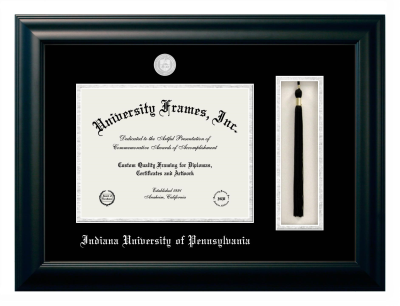 Indiana University of Pennsylvania Diploma with Tassel Box Frame in Satin Black with Black & Silver Mats for document: 8 1/2"h x 11"w  